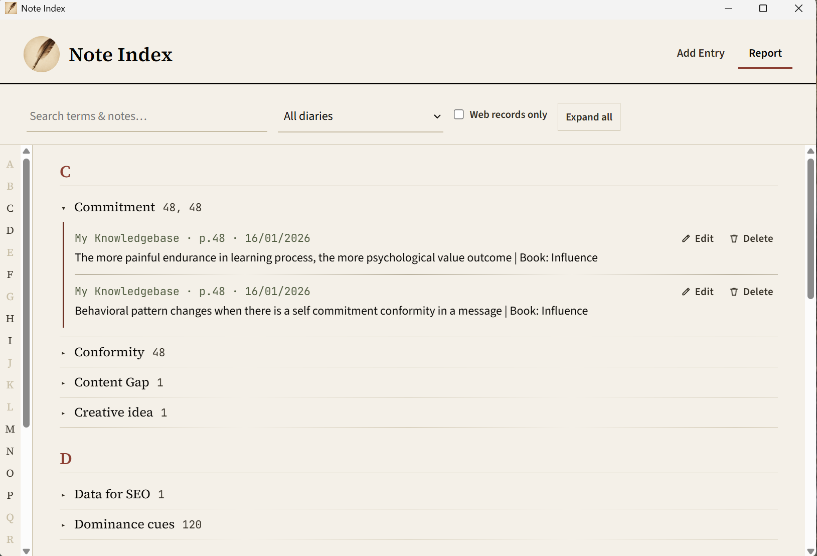 Note Index Report screen — alphabetical book-style index with A-Z letter rail and search