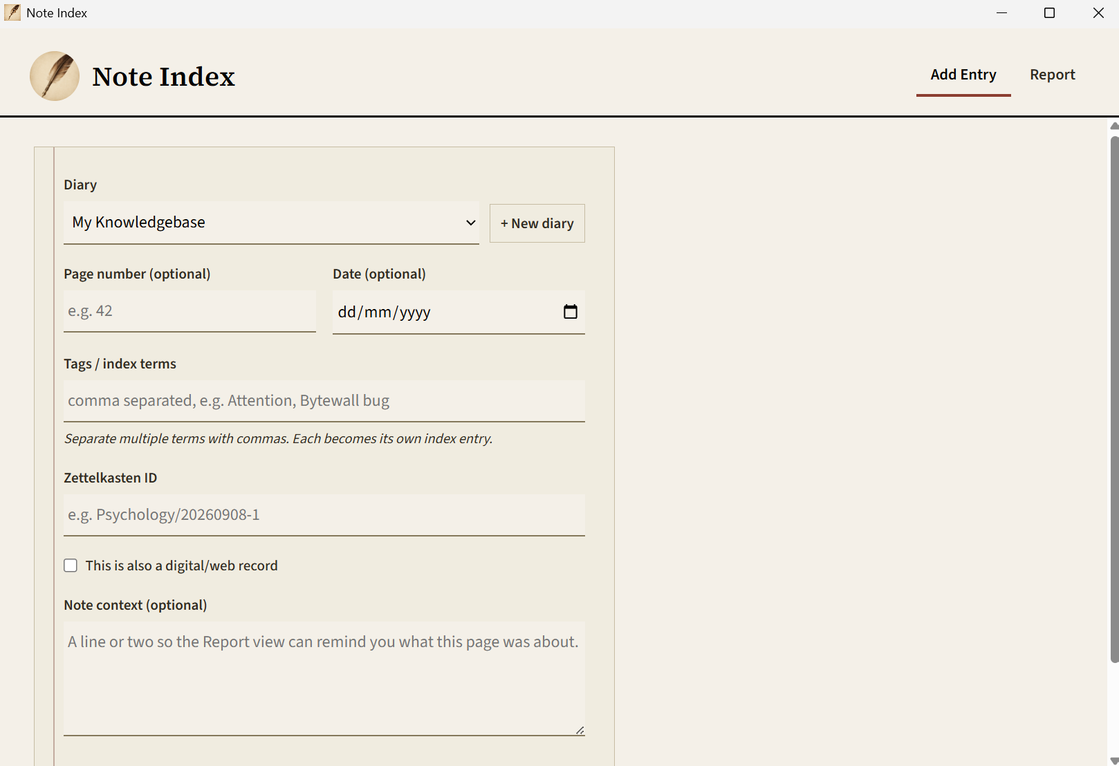 Note Index Add Entry screen — diary, page number, tags, and Zettelkasten ID fields